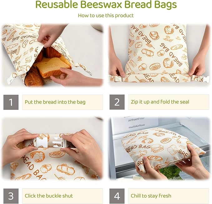 1 Pack XL Beeswax Bread Bags with Zipper Seal – Reusable Cotton Linen Waxed Bread Bags for Homemade Bread, Sourdough Storage, Eco-Friendly Bees Wax Bag Alternative to Plastic (1)