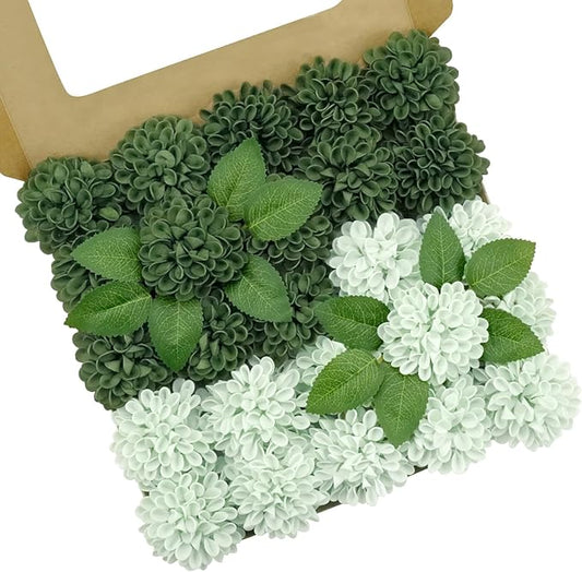 Artificial Flowers, 100pcs Realistic Artificial Rose for DIY Wedding Bouquets Centerpieces Arrangements, Hunter Green and Mint Green Dahlia Flowers with Stem for Bridal Shower Party Home