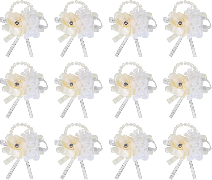 MECCANIXITY 12Pcs Wrist Corsage Artificial Flower Bracelets Rose Wrist Bride Groom Decorative for Wedding Ceremony Prom Party Anniversary Cream