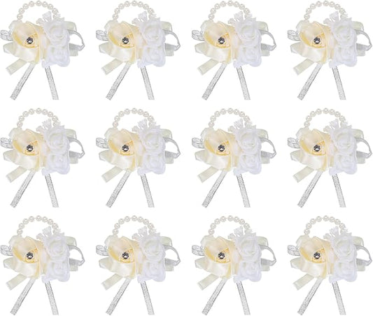 MECCANIXITY 12Pcs Wrist Corsage Artificial Flower Bracelets Rose Wrist Bride Groom Decorative for Wedding Ceremony Prom Party Anniversary Cream