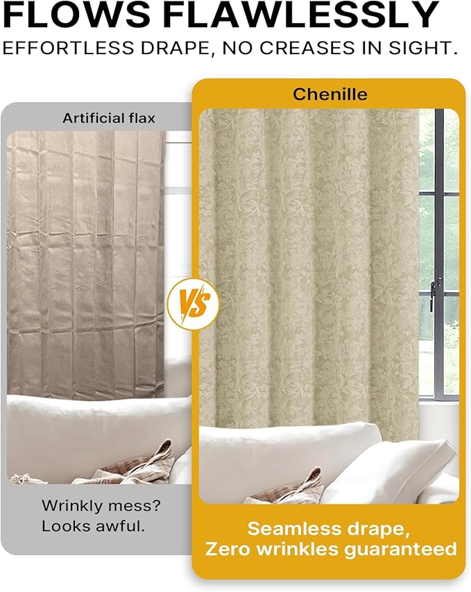 Chenille Floral Blackout Curtains 84 Inch Length 2 Panels Set - Bedroom Living Room Darkening Thermal Insulated Black Out Window Treatments Grommet Jacquard Drapes 52 Inch Wide Beige