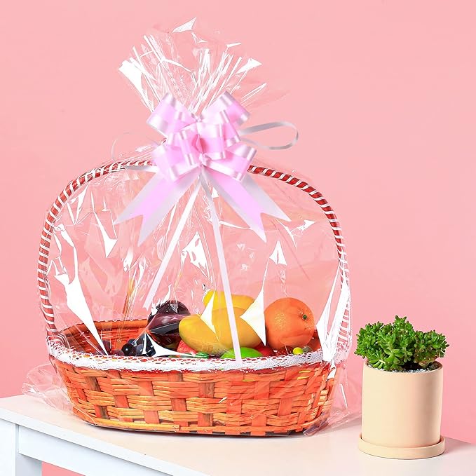 UltraOutlet 50 Packs Large Cellophane Bags 18" x 24" Clear Cellophane Gift Basket Wraps 2.3 Mil Thick TransparentCello Bags for Fruit Basket, Gift Wrap, Treats, Arts and Crafts, 50ct Ribbon Bows