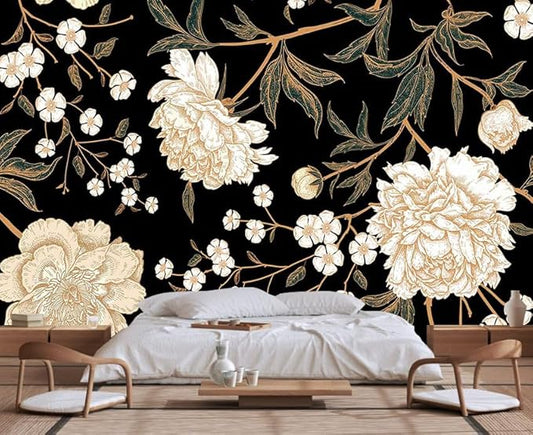 Peony Flower Retro Seamless Pattern Wallpaper, Large Art Background Wall Mural for Bedroom and Living Room(Non-self-Adhesive)
