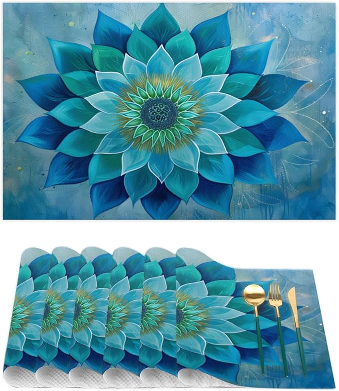 Teal Flower Mandala Placemats Set of 6 PVC Vinyl Non Slip Table Mats Waterproof Heat Resistant Place Mats Washable Wipeable Dining Table Mat for Kitchen Party Indoor Outdoor Decorative