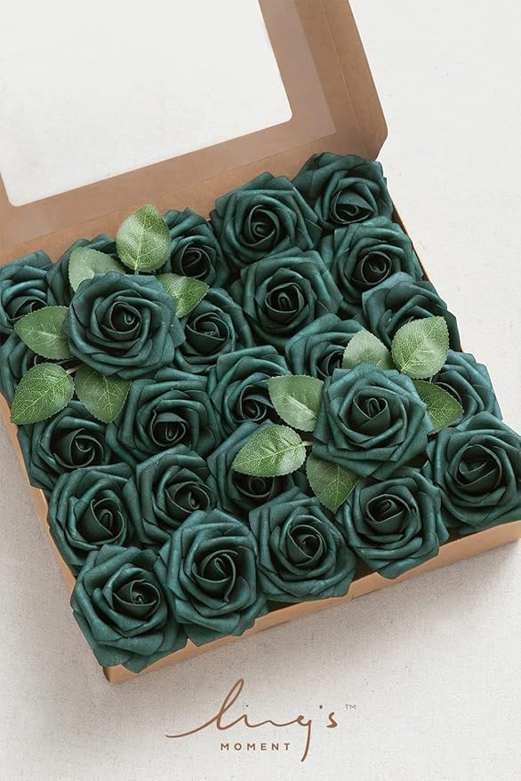 Ling’s Moment Artificial Flowers 50Pcs Peacock Green Roses Decor w/Stems,3" Real Touch DIY Foam Floral for Wedding Bouquet/Centerpieces, Outdoors Party Backdrop, Room/Table, and Garden/Pot Decorations