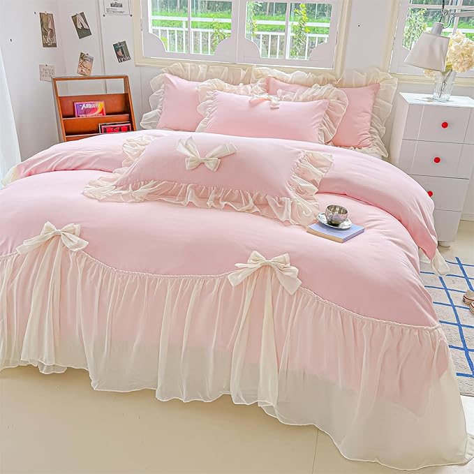 Girls Lace Bedding,Queen Comforter Cover Set, Chic Ruffled Duvet Cover with Lovely Bow,Princess Style 1 Duvet Cover with 2 Pillowcases, No Comforter-Pink,Queen Size