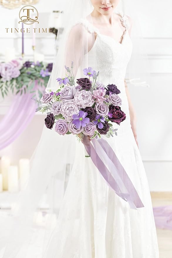 TINGE TIME 11 Inch Wedding Bouquets for Bride, Lavender&Plum Artificial Flowers Bouquet, Brides & Bridesmaids Bouquet for Wedding Anniversary Ceremony Bridal Shower Decorations