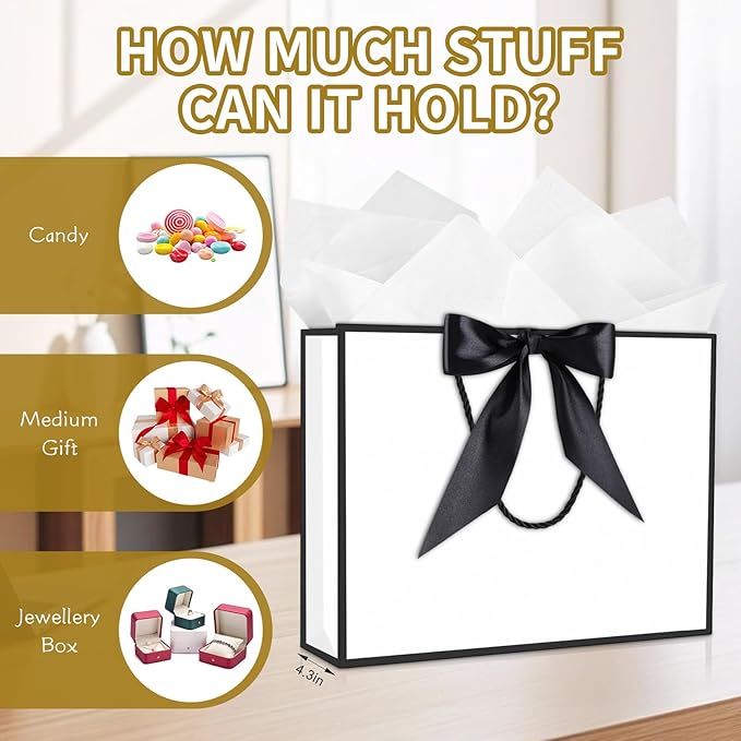 JMANNI Gift Bag, Medium Gift Bags with Tissue Paper, 2Pcs Gift Bags Medium Size with Handle and Bow Ribbon for Any Birthday, Weddings, Mothers Day & Special Occasion 11''x7.87''x4'' (Black-White)