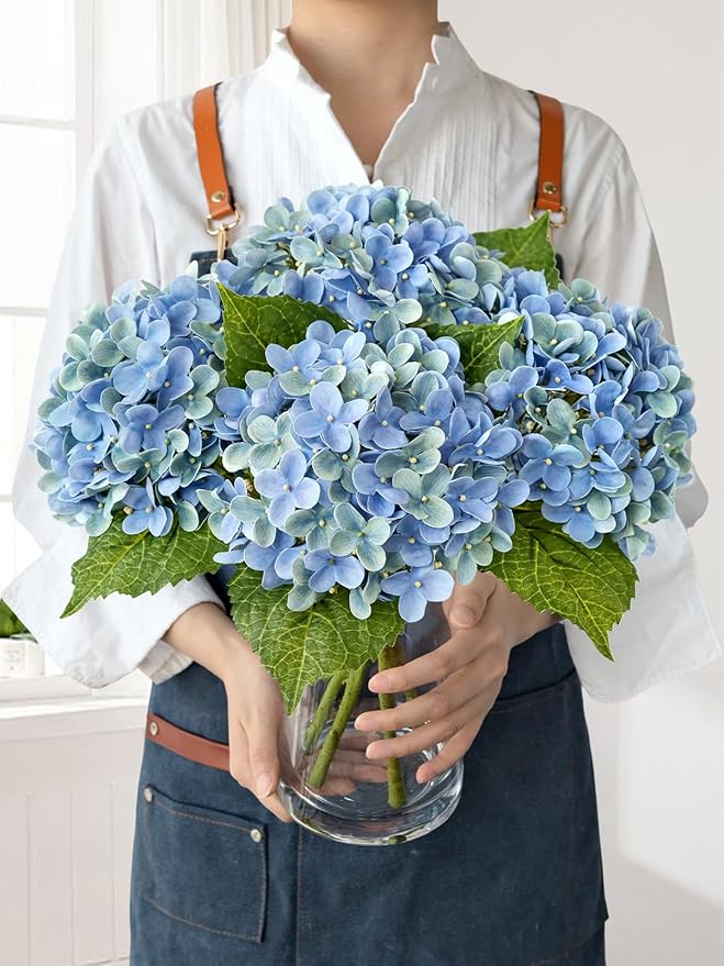 4Pcs Hydrangea Artificial Flowers, 20" Lifelike Latex Silk Real Touch Faux Hydrangea Flowers, Artificial Hydrangeas Bouquet for Wedding Centerpieces Tables Party Home (Blue)
