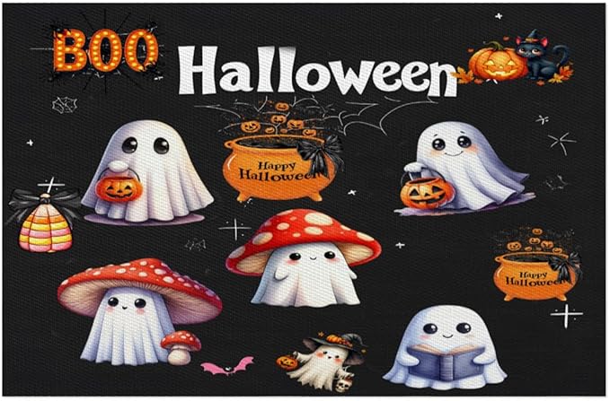 Halloween Ghosts Pumpkin Cute Placemats Set of 6 PVC Vinyl Non Slip Table Mats Heat Resistant Place Mats Washable Wipeable Dining Table Mat for Kitchen Decor Party Indoor Outdoor Decorative Gift