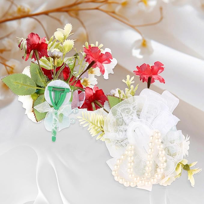 Wrist Corsage and Boutonniere Set, Artificial Rose Corsage Wristlet and Boutonniere for Wedding Prom Party (Red, 2pcs)