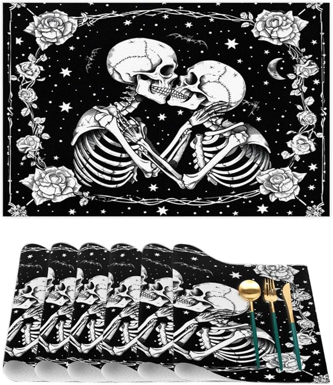 Halloween Skull Goth Flower Placemats Set of 4 PVC Vinyl Non Slip Table Mats Heat Resistant Place Mats Washable Wipeable Dining Table Mat for Kitchen Decor Party Indoor Outdoor Decorative Gift