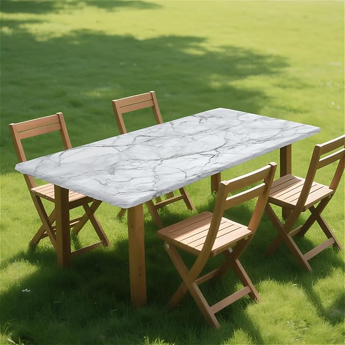 Rectangle Table Cloth Cover Waterproof Elastic Fitted Polyester Fitted Tablecloths for 4 Foot Tables for Indoor,Picnic, Camping, Outdoor （48" x 24"，Marble）