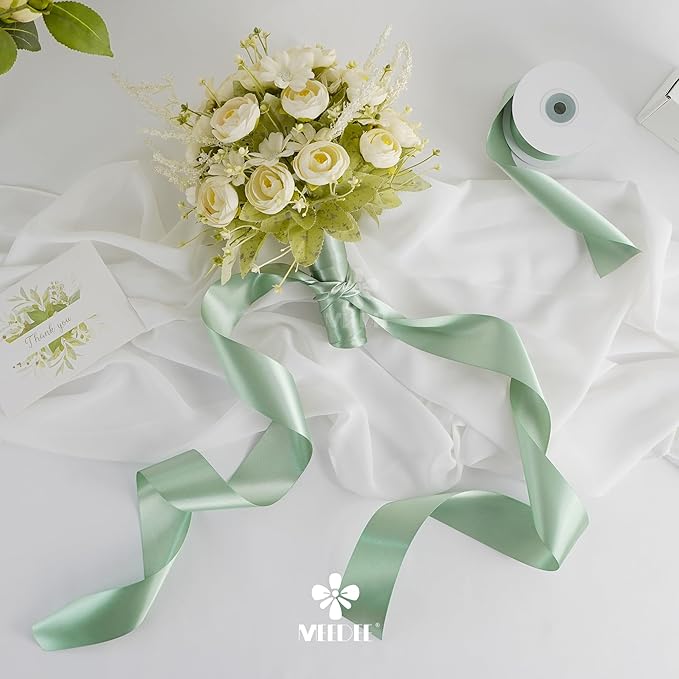 MEEDEE Sage Satin Ribbon 2 Inch Light Green Ribbon Double Faced Satin Ribbons by 25 Yards Silk Luxurious Green Ribbons for Crafts, Cake Decoration, Weddings, Flower Bouquet