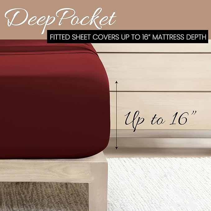 Linen Market Brushed Microfiber King Sheet Set 4 Piece – Oeko-TEX Certified Ultra Soft & Wrinkle-Free - 16" Deep Pocket Sheets - Easy Care King Size - Burgundy