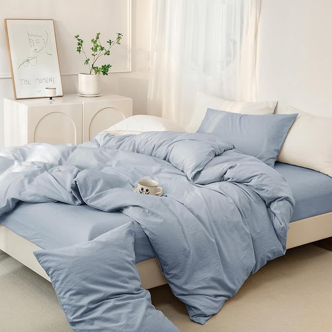 JIYUAN 100% Washed Cotton Duvet Cover Set 3 Pieces King, 1 Duvet Cover 104x90 Inches(Comforter Not Included) and 2 Pillowcases,Linen Feel Bedding Set Comfy and Breathable, Heathered Light Blue