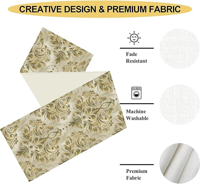 Damask Table Runner, Vintage Traditional Farmhouse Boho Floral Linen Coffee Table Center Decor for Family Kitchen Farmhouse Holiday Party Table Decorations Indoor Outdoor 13x36 inch
