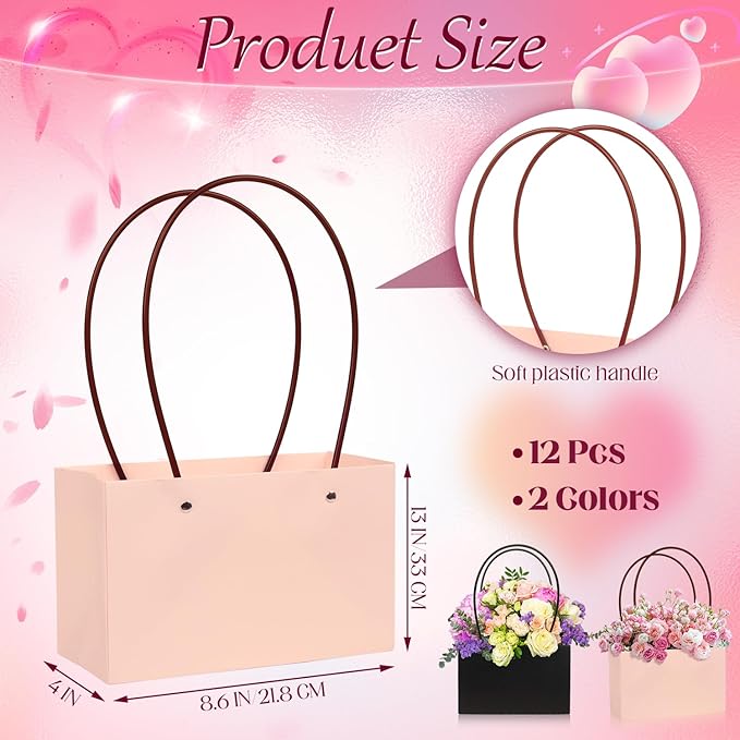 ZSDRTYU Kraft Paper Flower Gift Bags, 12 Pack Floral Gift Bags Wedding Floral Paper Flower Packing bag, Bouquet Bag Box With Handle Waterproof Flower Boxes For Wedding Birthday, Black, Pink