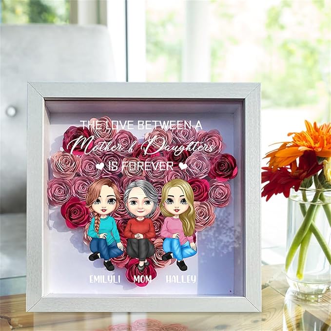 Personalized Mom Flower Shadow Box Custom Heart Shaped Rose Flower Shadow Box Frame Mother's Day Mother and Daughter Portrait Shadowbox Memory Gifts for Mom from Daughter Christmas Birthday