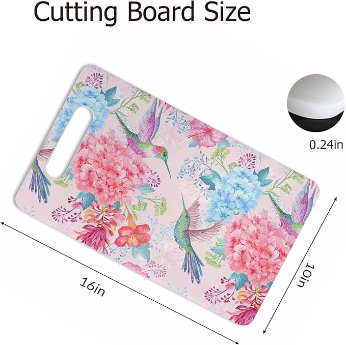 Hummingbirds Cutting Board with Handles Tropical Flowers Bird Pink Cutting Boards Plastic Safe Chopping Board for Kitchen 16" x 10" x 0.24"