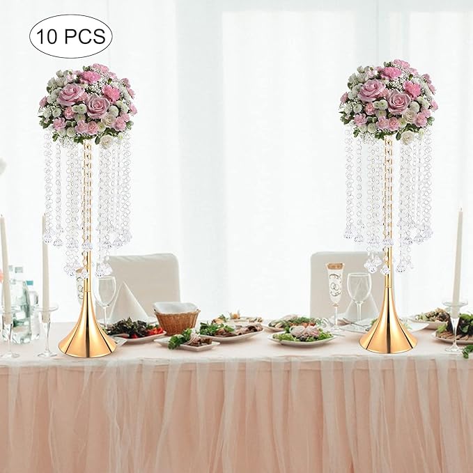 Crystal Chain Flower Vases, 10 Pcs Acrylic Vase Stands with Hand Strung Beads Top Flower Plate Enlarged Trumpet-Shaped Base and Easy Assemble Tabletop Wedding Crystal Flower Stands for Home Decoration