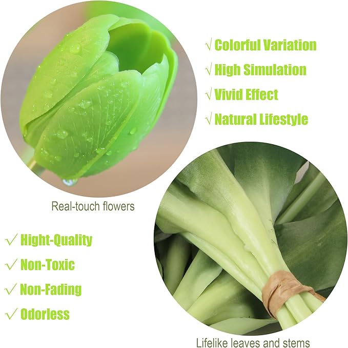 20pcs Artificial Tulip Flowers,16 Inch Real Touch Tulip Stems with Faux Leaves, Faux Tulips and Buds for Home Décor Centerpiece Ornament Wedding Bouquet,Green