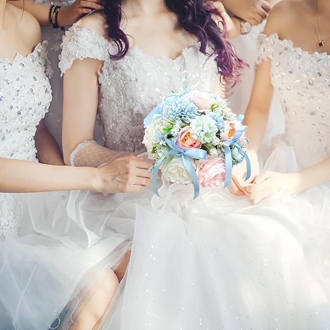 8.6in Wedding Bouquets for Bride Bridesmaid, Baby Blue Blush Pink Creamy White Bouquet with Crystal Pastel Flowers Artificial Fake Silk Roses for Wedding Rainbow Spring Beach Decoration Toss Bouquet