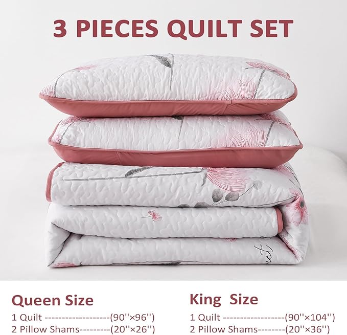 Dinjoy King Size Quilt Set Floral,3 Piece Pink/Blush Farmhouse Bedding Set Lightweight Flower Bedspreads White Coverlet Bed Sets Cute Fall Quilts for All Season(110"x90")