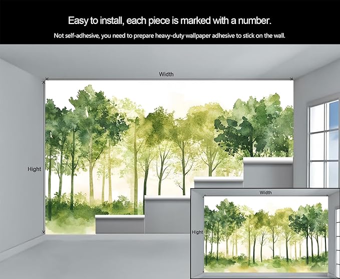 Watercolor Forest Wall Mural, Minimalist Forest Scene 3D Wall Murals, Nordic Nature Wallpaper Mural, for Living Room Bedroom Large Wallpaper Indoor Decor 169.3" W x118.2 H