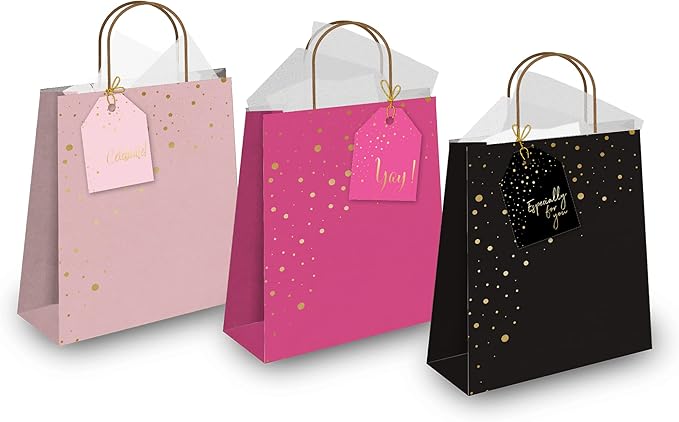 Pro Supply Global 24 Count of 2.5 Inch x 3 Inch Pre Strung Gold Confetti Gift Tag Assorted Printed Designs on Large Cardstock Gift Hang Tags - Ideal to Use on Bags