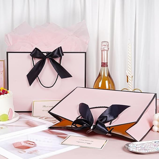 Pink Gift Bags 13”, 2 PCS Large Gift Bags with Handles for Girls Women, Portable Gift Bag Set with Tissue Paper Greeting Card and Bow Ribbon, Pink Paper Bags for Birthday Wedding Valentine's Day