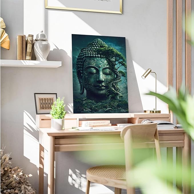 Buddha statue wall art canvas wall decor aesthetic picture mystical nature art for tranquil home and spiritual space 28x40in Wood Framed