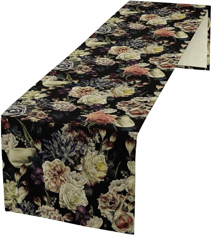 Vintage Flowers Table Runner,Black Rose Peony Gothic Floral Spring Summer Seasonal Table Runner for Home Kitchen Table Dining Indoor Outdoor Party Decor 13x36 Inch