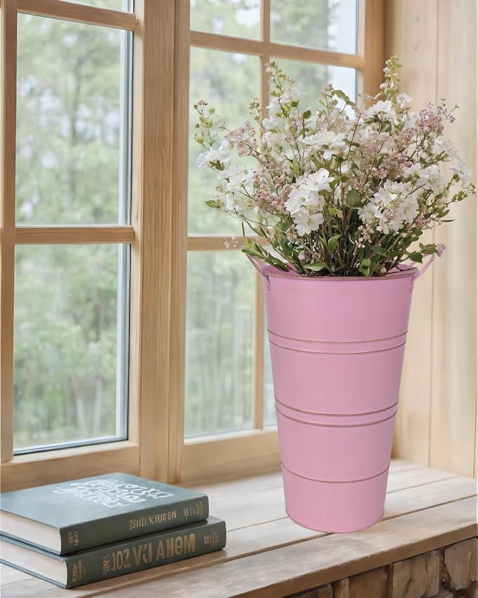 12 Inch Galvanized Metal Vases for Flowers - 2 Pcs Farmhouse Decorative Tall Flower Bucket with Handles, Rustic French Tin Planter Buckets for Wedding Decor (Pink)