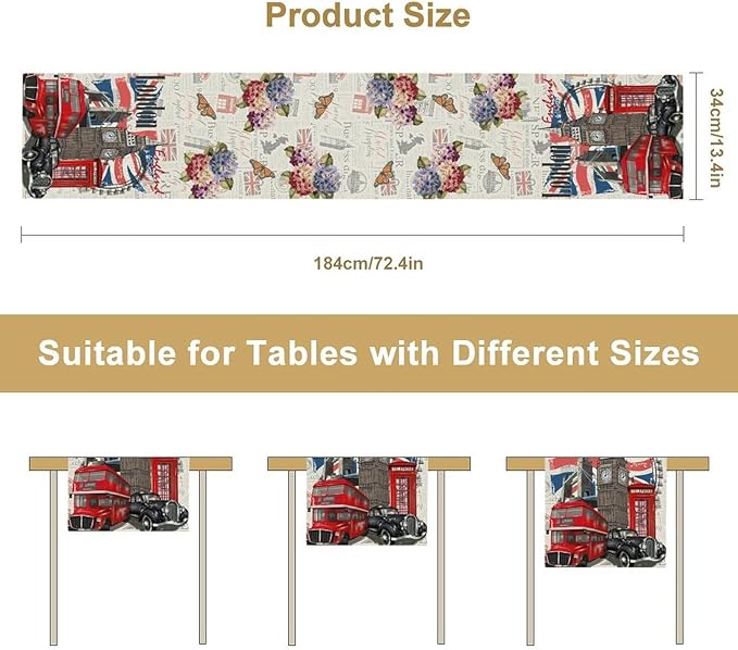 British Table Runner, Seasonal Vintage Floral England London Culture Element Coffee Table Center Decor for Home Kitchen Dining Patio Holiday Party Table Decorations 13x90 inches