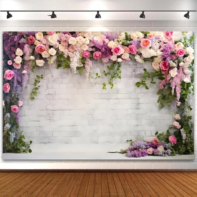 6x4ft Retro White Brick Wall Floral Backdrop Romantic Roses Vine Leaves Photography Background Girls Birthday Party Wedding Bridal Shower Flowers Brick Wall Decoration Supplies Photo Booth Props