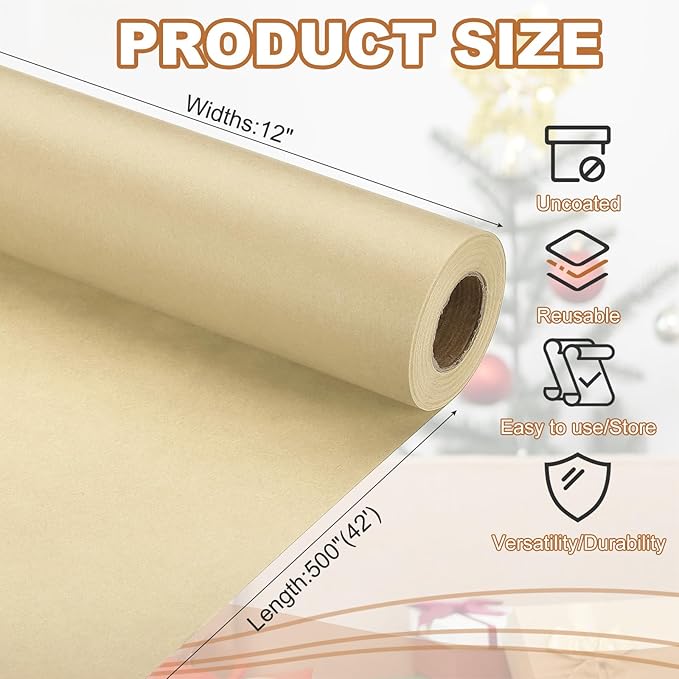 PATIKIL Wrapping Paper, 12" x 500"(42') 70 GSM Craft Paper Roll Kraft Packing Paper for Poster Bulletin Board, Gift Wrapping, Brown