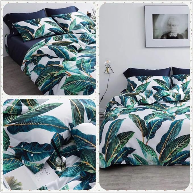 VM VOUGEMARKET King Duvet Cover Set Tropical Leaves Bedding Set,3 Piece Egyptian Cotton Green Quilt Cover with Zipper Closure,Reversible Vintage Printed Luxury Bedding Set-Tropical Leaf,King