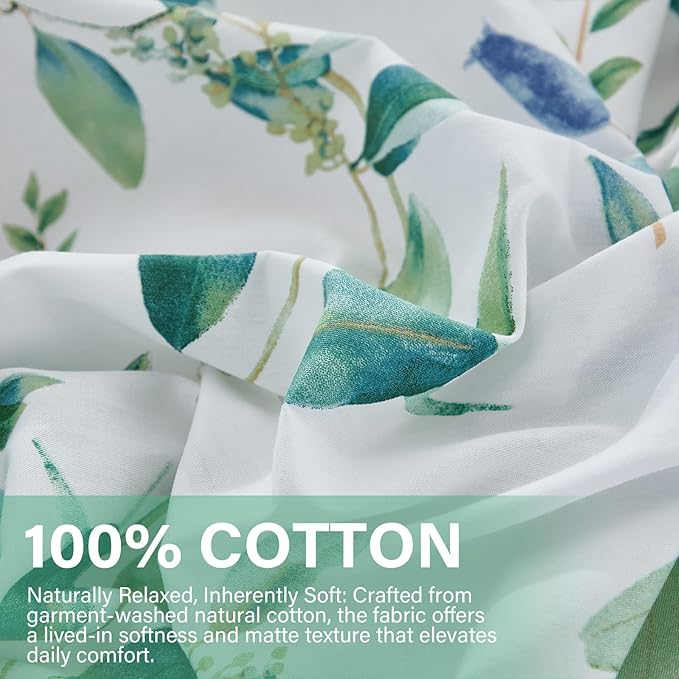Botanical 100% Cotton Duvet Cover King Size - 3Pcs Mint Green Printed with Sage & Emerald Leaves on White,Reversible Lightweight and Soft Bedding Sets