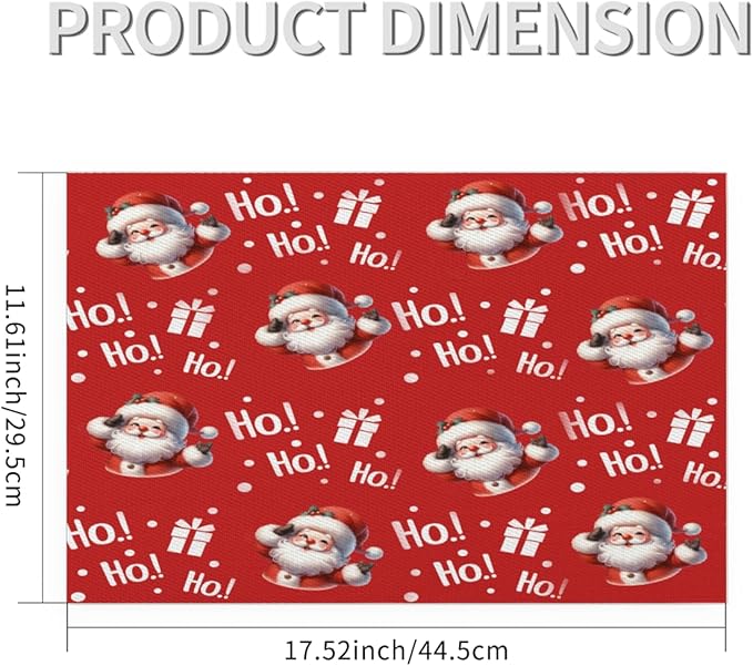Christmas Xmas Ho Santa Claus Placemats Set of 4 PVC Vinyl Non Slip Table Mats Heat Resistant Place Mats Washable Wipeable Dining Table Mat for Kitchen Decor Party Indoor Outdoor Decorative Gift