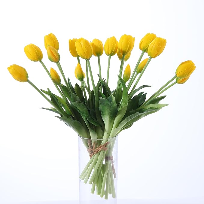 20PCS Yellow Fake Tulips Artificial Flowers Real Touch Latex Faux Tulips UV Resistant Fake Flowers Bouquet for Table Home Decor Party Wedding Garden Decoration
