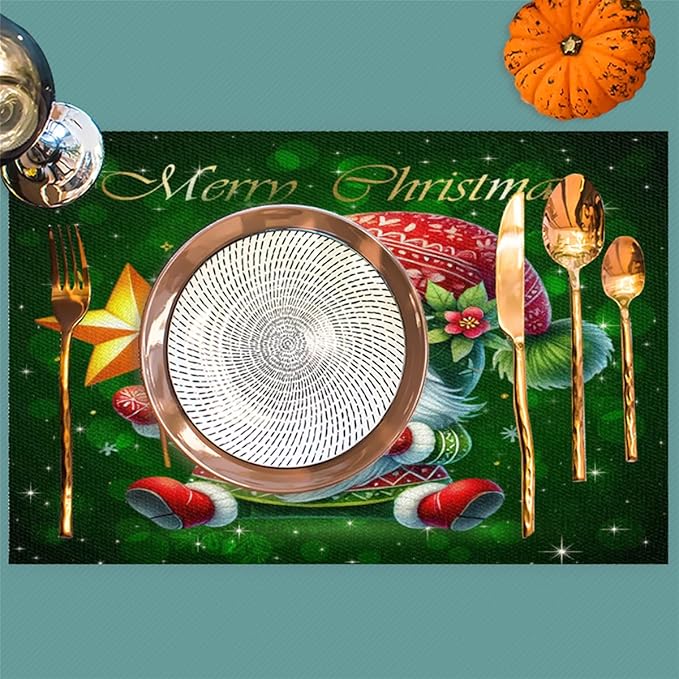 Xmas Christmas Green Santa Claus Placemats Set of 4 PVC Vinyl Non Slip Table Mats Heat Resistant Place Mats Washable Wipeable Dining Table Mat for Kitchen Decor Party Indoor Outdoor Decorative Gift