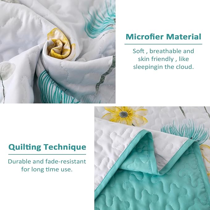 Dinjoy Quilt Set Full Size Aqua, Floral Bedspreads 3 Pieces Reversible Quilts Bedding Set Microfiber Lightweight Bedspread Coverlet Farmhouse Set for Women Girls 78"x90"
