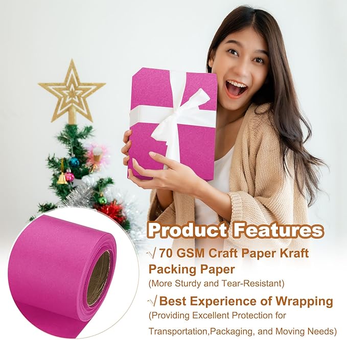 PATIKIL Wrapping Paper, 20" x 300"(25') 70 GSM Craft Paper Roll Kraft Packing Paper for Poster Bulletin Board, Gift Wrapping, Rose Pink