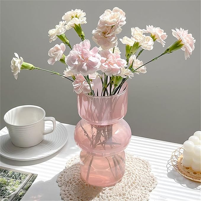 JSPYFITS Glass Hydroponic Flower Vase, 7 Inches Colored Glassbubble Vases for Flowers, Three-Layer Glass Funky Vase for Home/Office/Weddings/Party Table Flower Decor (Pink)