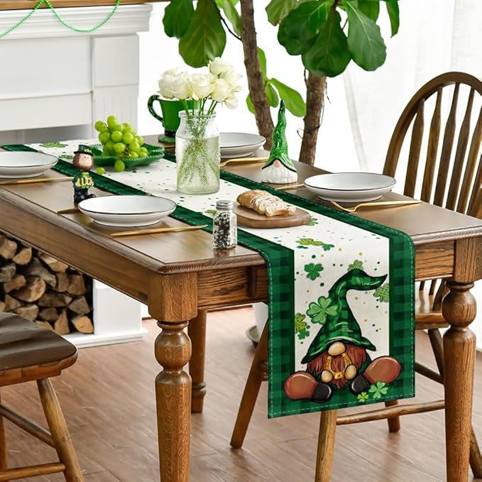 Artoid Mode Shamrock Buffalo Plaid Gnomes Lucky St. Patrick's Day Table Runner, Kitchen Dining Table Decor for Outdoor Home Party Decor 13 x 60 Inch