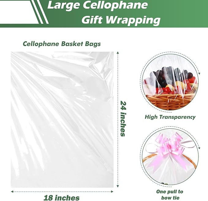 UltraOutlet 50 Packs Large Cellophane Bags 18" x 24" Clear Cellophane Gift Basket Wraps 2.3 Mil Thick TransparentCello Bags for Fruit Basket, Gift Wrap, Treats, Arts and Crafts, 50ct Ribbon Bows