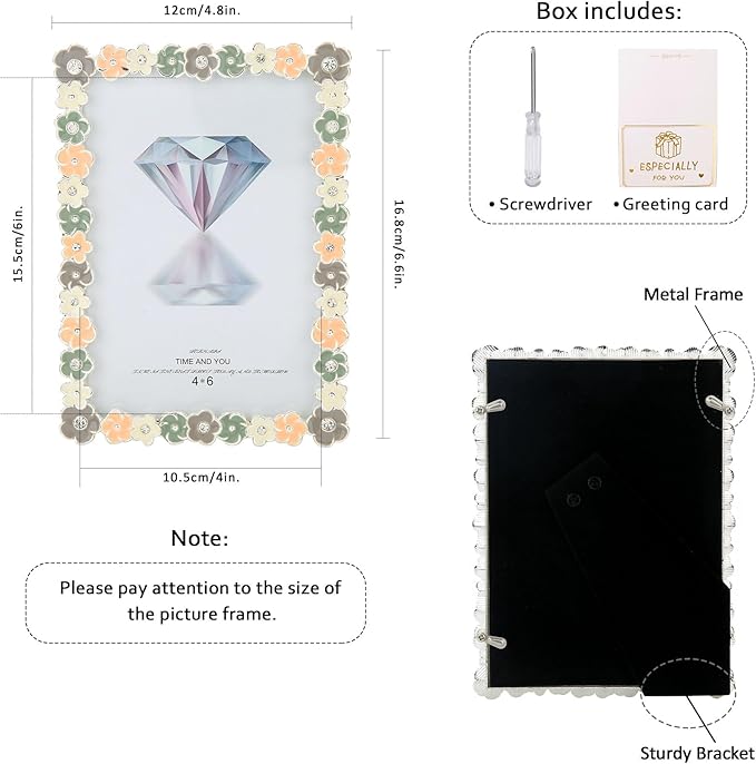 4x6 Colorful Flower Picture Frame Pretty Metal Photo Frame Tabletop or Wall Art Decoration, Clear Glass Front, Unique Gifts for Women Wedding Mothers Day, Horizontally & Vertically