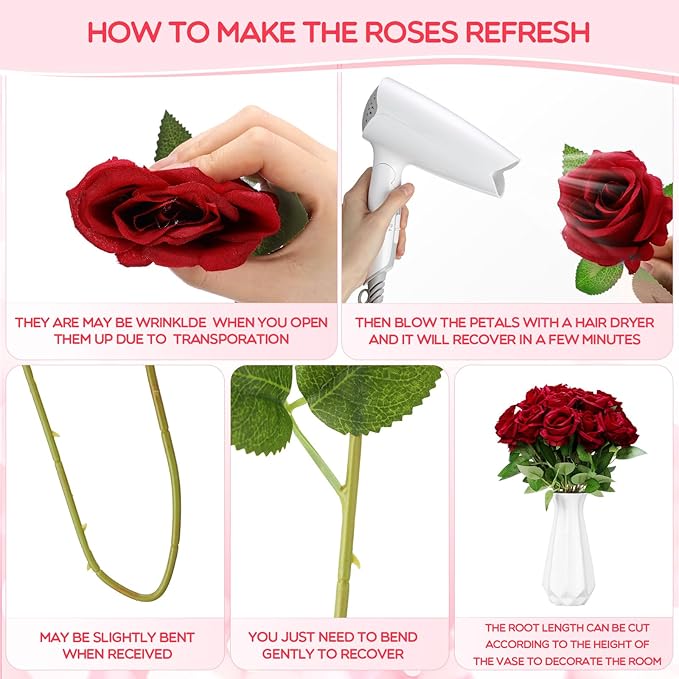 Hotop 120 Pcs Roses Artificial Flowers in Bulk,Long Stem Artificial Flower Bouquet,Silk Real Touch Fake Rose for Wedding Party Table Centerpieces Decor Valentines Gifts(Wine Red)