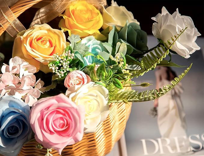DuHouse 10pcs Fake Roses Artificial Silk Flowers Faux Rose Flower Long Stems Bouquet for Arrangement Wedding Centerpiece Party Home Kitchen Decor(Ivory-White Long Stem)